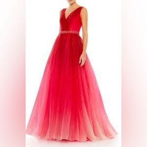 Mac Duggal Ombré Tulle Surplice V-neck Sleeveless Embellished Belt Gown